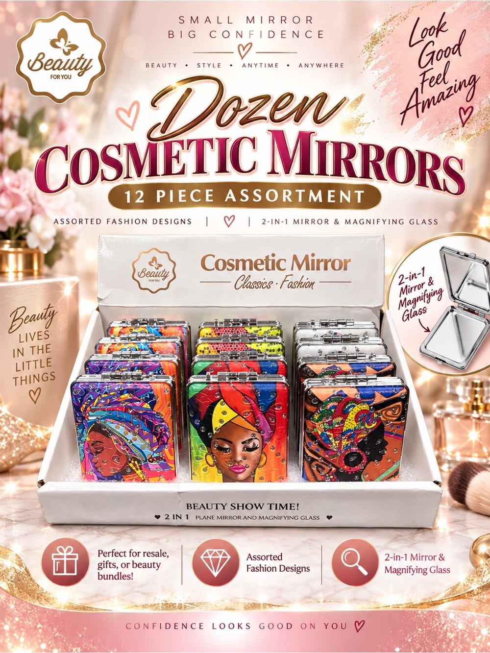Dozen Cosmetic Mirrors - Assorted Color Designs (12 Piece)